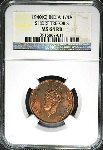 India British 1940(C) 1/4 Anna Short Trefoils NGC MS64RB Certified