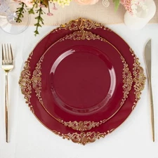 10 BURGUNDY GOLD 8" Round Plastic Salad Dinner PLATES Embossed Baroque Rim Party