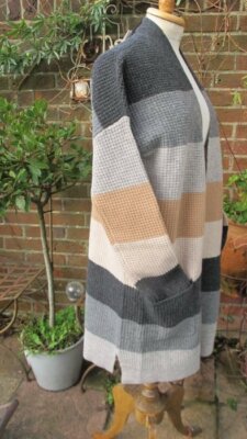 FARHI long CARDIGAN 100% wool wide colour bloc striped greys sand luxury bnwt XL