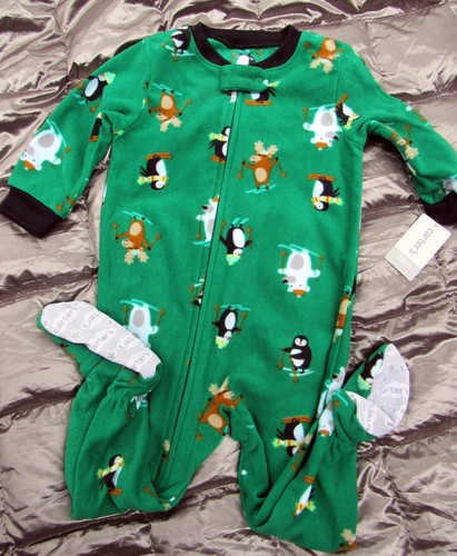 NWT CARTER'S GREEN with SKIING ANIMALS FOOTED BLANKET SLEEPER Infant 18 mo