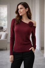 One Shoulder Sweater Womens S Burgundy Rosette Flower Knit Date Night Holiday