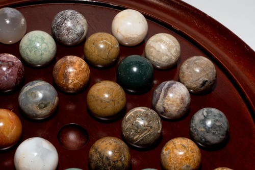 Wooden Solitaire Game 36 Natural Stone Marbles 9.5” Board - Picture 3 of 9