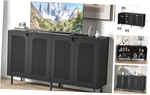 63" Rattan Sideboard Buffet Cabinet with 4 Doors, Wood Large Kitchen Storage