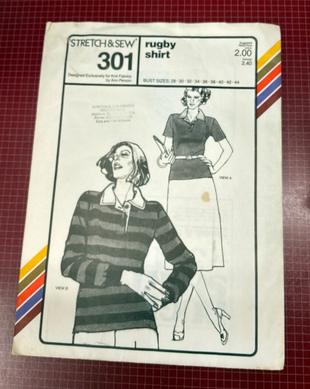 Women’s Stretch & Sew Rugby Shirt 301  Bust Sizes 28" to 44" VTG Ann Peterson