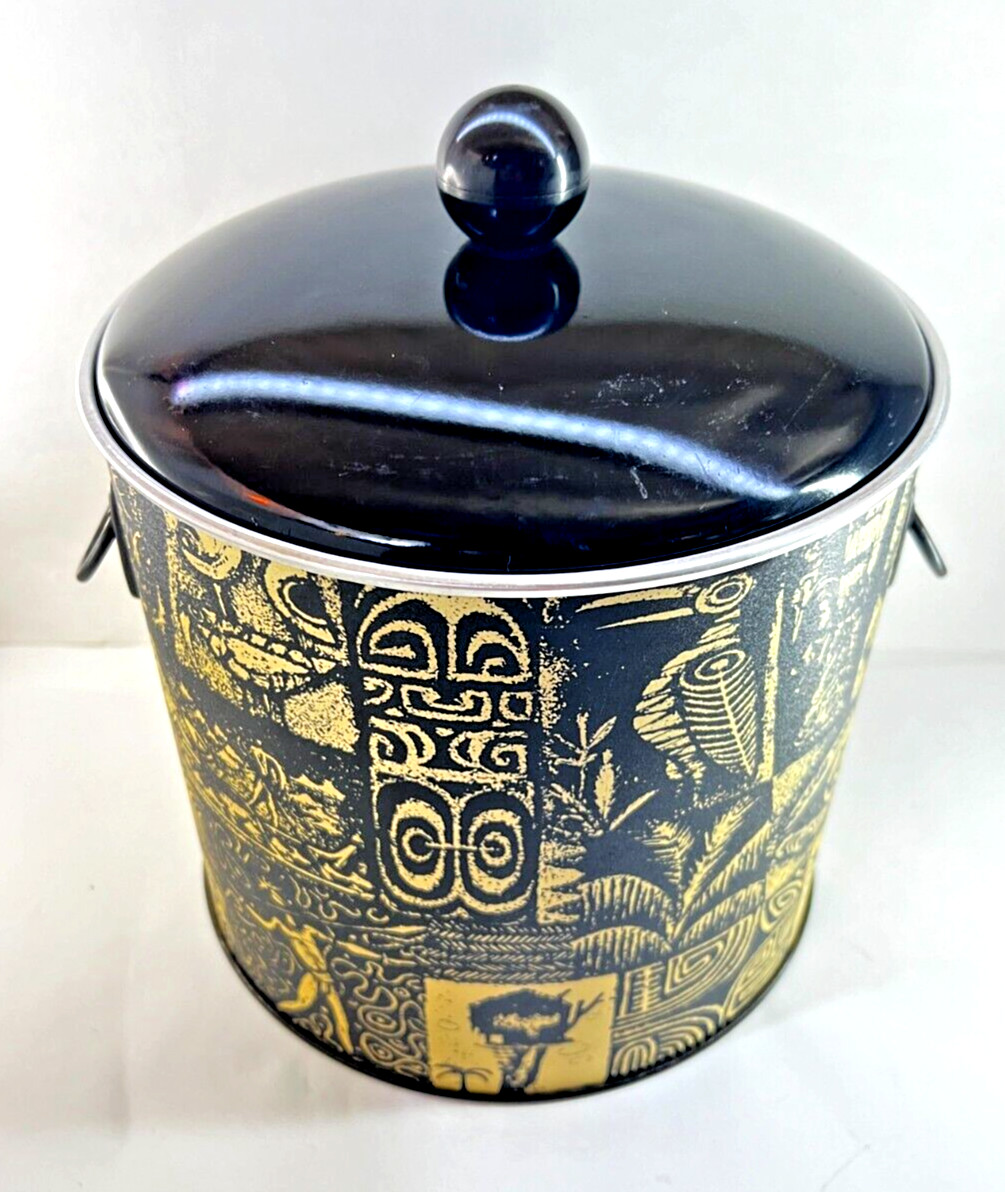 Vintage Greek Patterned Aluminum Insulated 2 Handled Lidded Ice Bucket