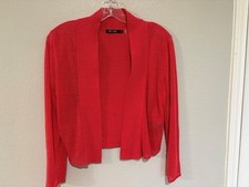 Nic  Zoe Deep Coral Open Front Sweater Size Medium 3/4 Sleeves Linen Blend
