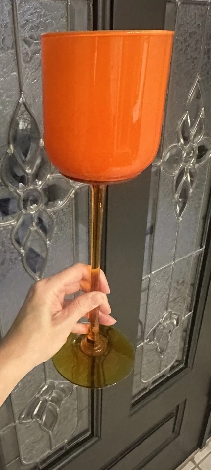 Enorme Compota Alta de Vidrio MCM de Tallo Largo Naranja-Empoli Italiano o Candelabro Foto 3 de 4