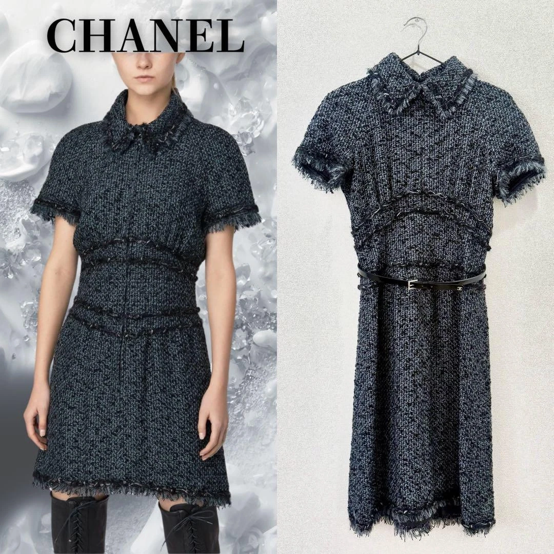 Chanel — Chanel Tweed Dress with Belt Tweed Size:36 Black good condition SK1725