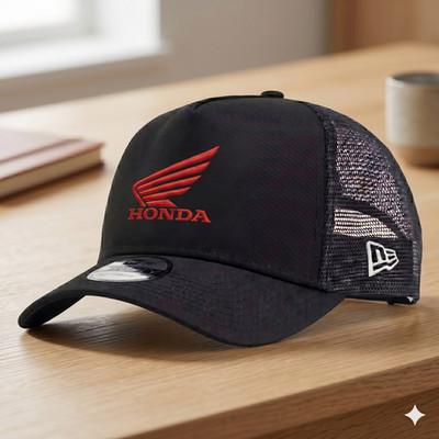 Honda Wing Logo Embroidered Trucker Hat - Black Mesh Motorcycle Biker Rider Cap