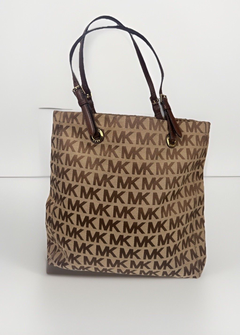 Michael Kors North South Jet Set Tote Bag Large Beige Mocha Canvas Logo Bag
