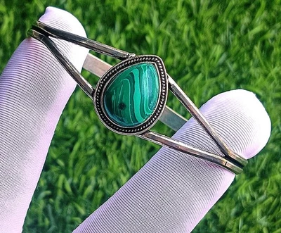 Bracelet manchette réglable en argent sterling 925 plaqué pierre précieuse ma... - Photo 1/3