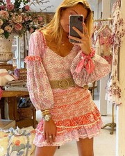 LoveShackFancy Ensley Dress S 6 Women Smocked Printed Balloon Sleeve NEW 46166