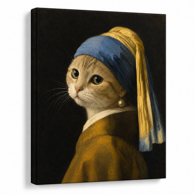 Personalized Cat with a Pearl Earring Canvas Print Funny Art Parody Cat Mom Gift