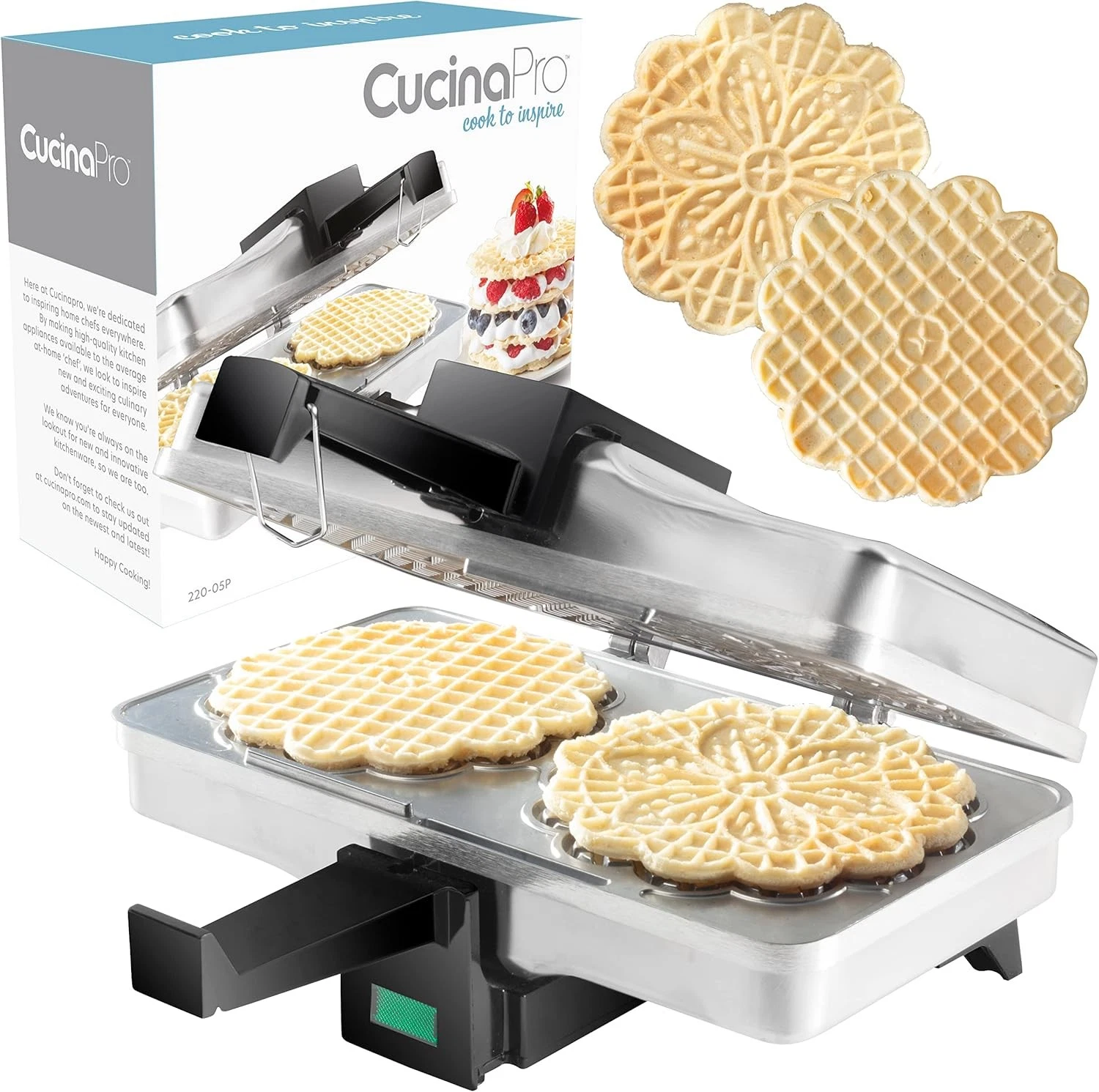 Pizzelle Maker- Polished Electric Baker Press Makes Two 5-Inch Cookies Silver
Opens in a new window