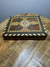 Vintage Spanish Inlaid Marquetry Wood Playing Card Box with One Deck of Cards