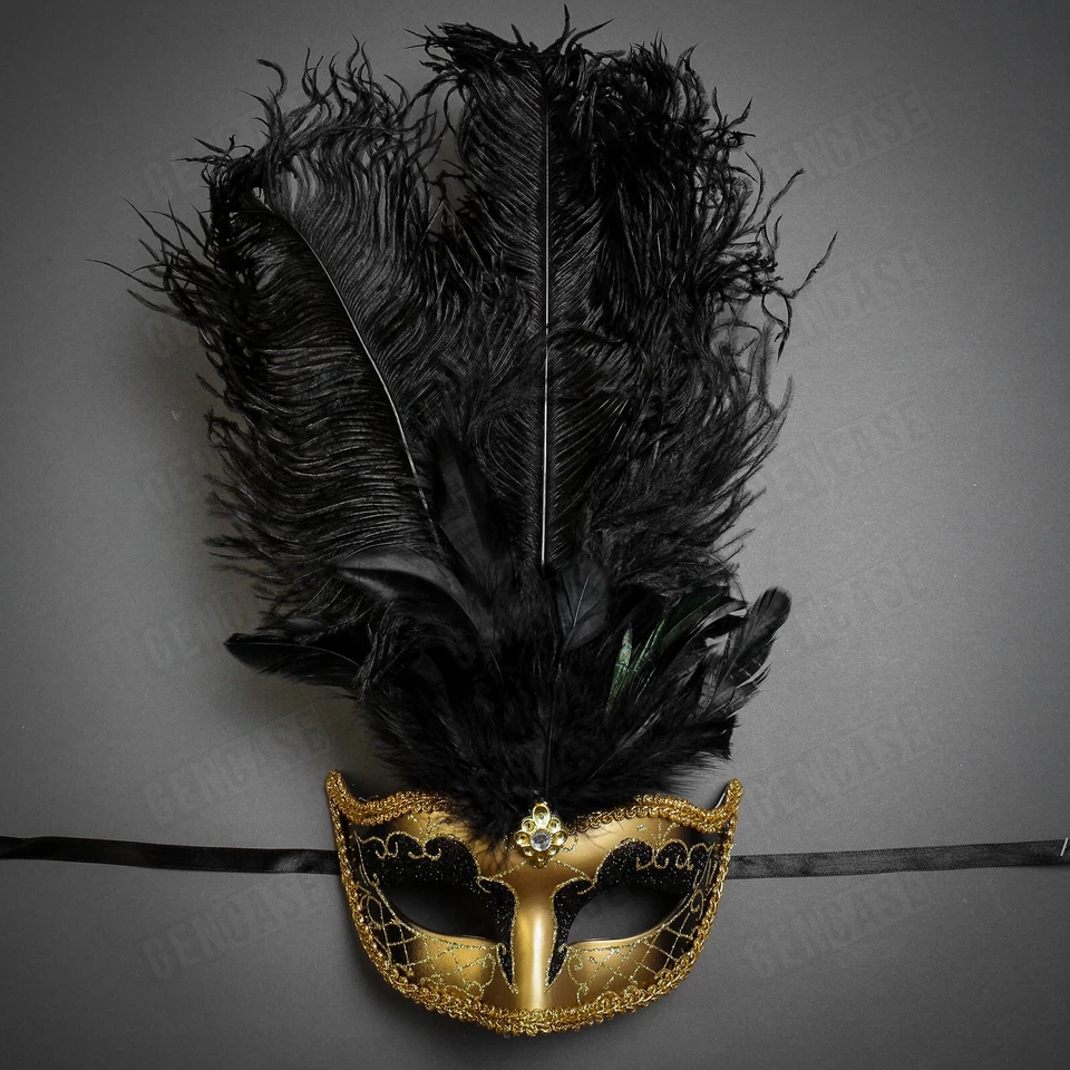Gold Mardi Gras Glitter Party Masquerade Ball Tall Black Feather Women Eye Mask - Image 2 of 4