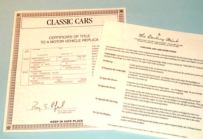 Danbury Mint 1935 DUESENBERG SSJ Paperwork Set TITLE & CARE INFO Only