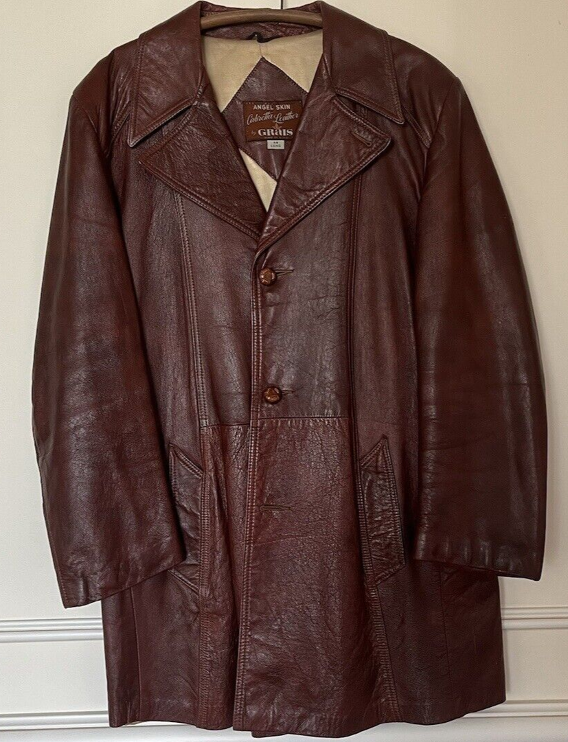Vtg 70s Grais Angel Skin Cabretta Leather Brown Button Up Coat