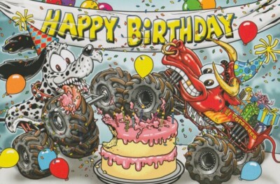 2010 Monster Mutt Dalmation + El Toro Loco ''Happy Birthday'' Monster Jam Postcard