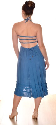 schönes blaues Kleid uni Gr. S/M halblang rückenfrei elegant eckiger Kragen