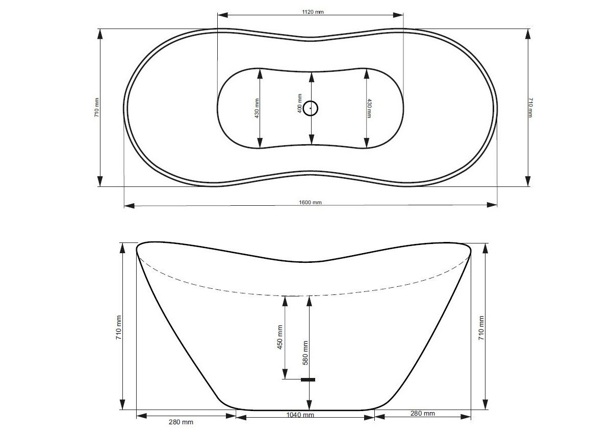 Freistehende Badewanne Wanne oval 160 x 70 cm Ablauf