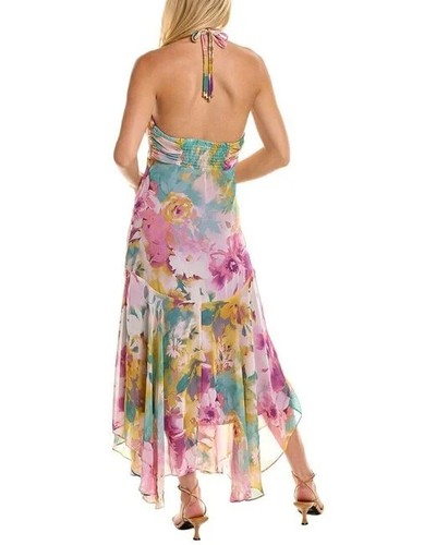 TAYLOR Floral Watercolor Print Halter Neck Tie Smocked Asymmetric Maxi Dress 6 - Picture 3 of 6