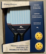 NEW Tommy Bahama Pickleball Set 2-Light Blue  Navy Wood Paddles  2-Game Balls