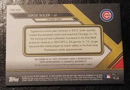 2016 Topps Triple Threads Jorge Soler Triple Threads Auto Relics Card 18/18 Cubs - Picture 2 of 3