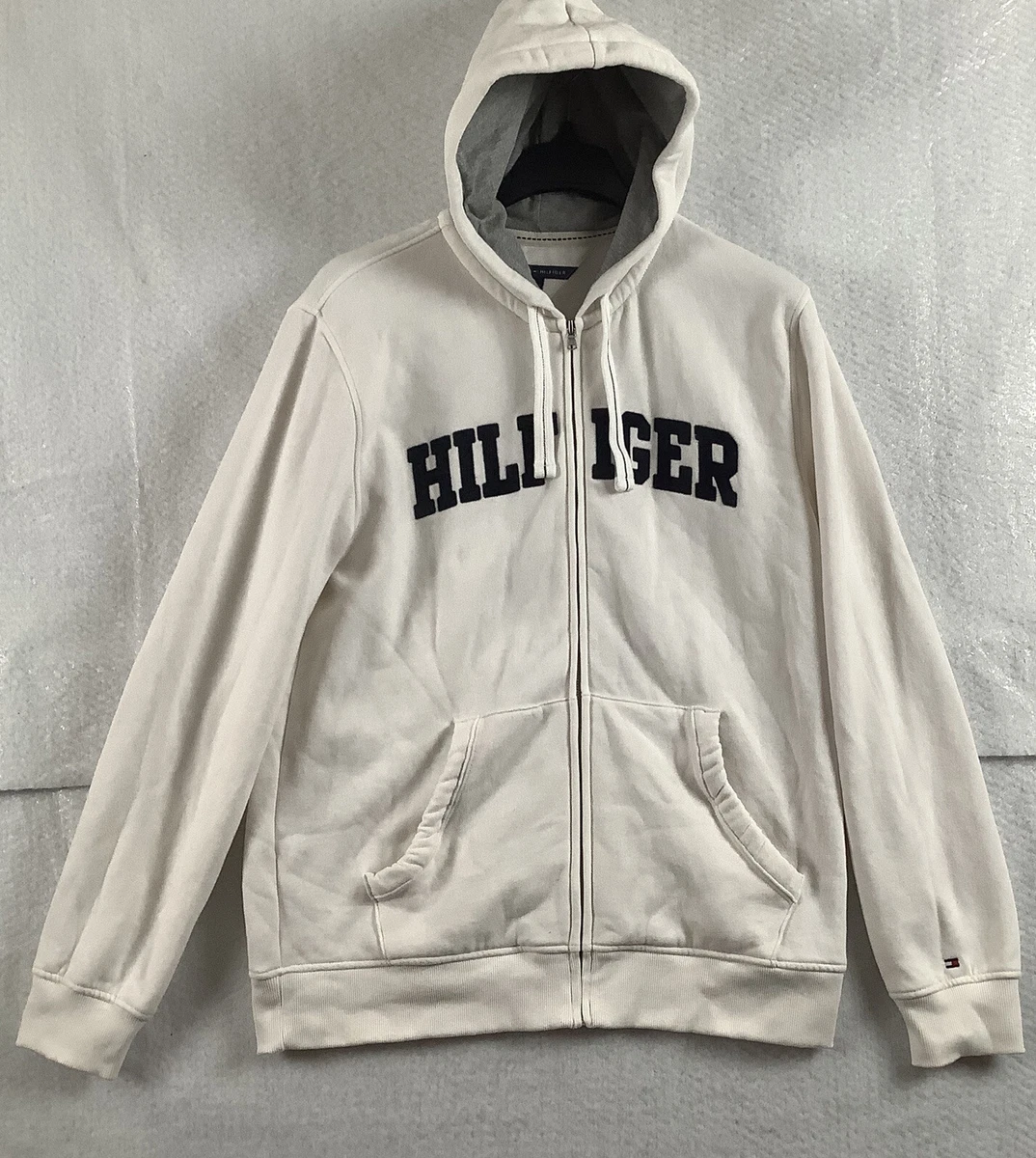 Tommy Hilfiger Retro Style White Spell Out Sweatshirt Hoodie Full Zipper Men XL