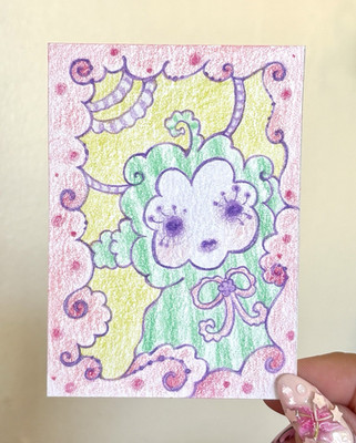 ACEO Original Whimsical Cute Fluffy Flower Cloud Friend Fantasy Drawing Mini Art