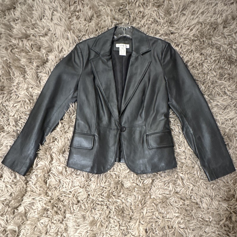 Worthington brand black leather jacket with one button in front.  Size small.