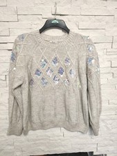 TU Woman Jumper Pullover 14 Beige Sequin Casual Long Sleeve Cable Knit Shiny