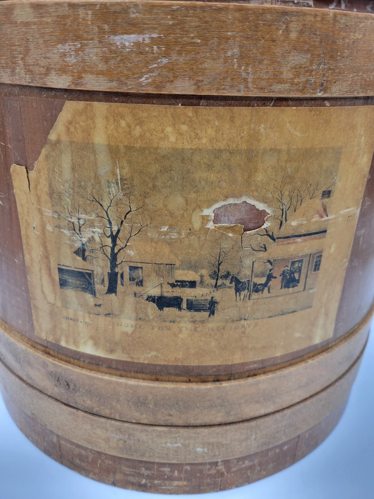 Antique Firkin Sugar Bucket with Lid and Paper Label 12" Tall