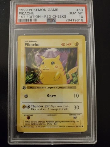 1999 Pokemon Base Set Shadowless Pikachu Red Cheeks 1st Edition #58 - PSA 10