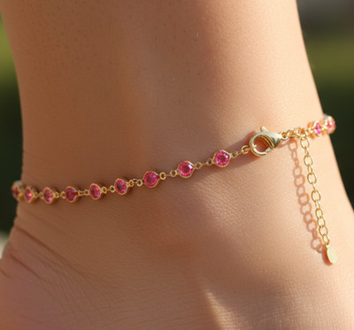 Elegant Pink Gemstone Anklet Gold Plated Designer Charm Anklet Handmade Jewelry