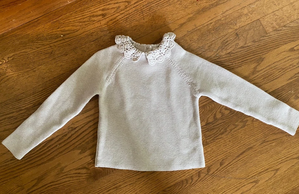 Бежевый следующий вязаный свитер девочек размер 5/6 крючком воротник скромный коттедж фея - Изображение 2 из 4