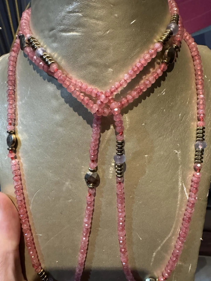 Collana In Tormalina Rosa Con Distanziali In Oro 9 Kt  Ed argento 800 Dorato - Immagine 4 di 4