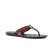 New Gucci Women  s Web Strap Thong Sandals Signature Green  Red Stripe, 38/8