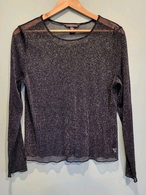 Victoria Secret Black Sparkle Sheer Stretch Long Sleeve Top Sz M/L