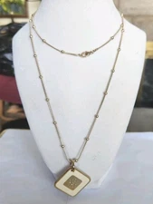 Gold Tone Square "C" Initial Pendent Necklace Monogram Script Cream Enamel Chain