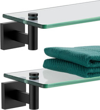 Rustproof Glass Floating Shelves 16-Inch Black Wall Mounted - 2 Pack