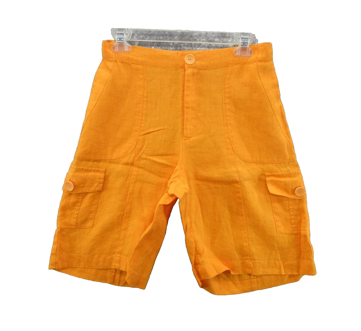 FLAX Design Linen Shorts XS Orange Cargo Button Elastic Waist Pocket New