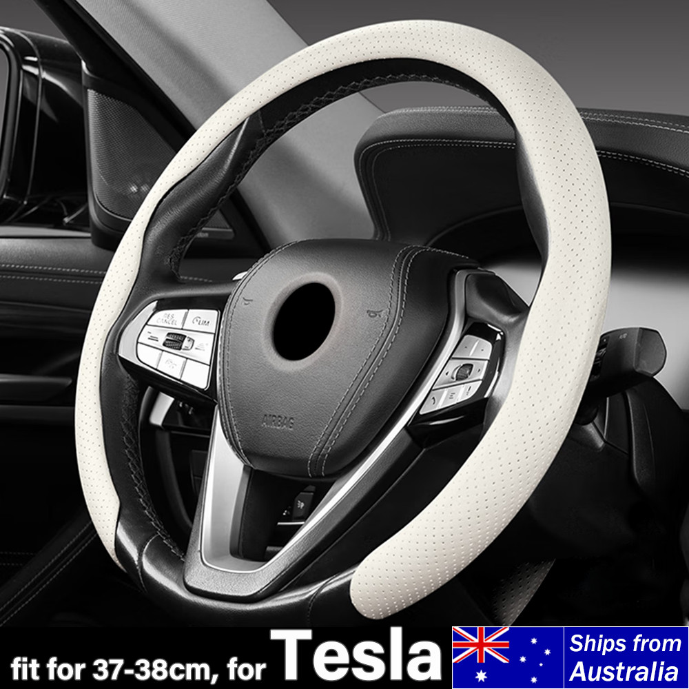 REAL Nappa Leather Steering Wheel Cover for Tesla S X Y 3 Non-Slip White 37-38cm