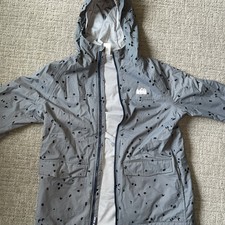 REI CO-OP Rain Hooded Jacket Boy's 14-16 Large Gray Black All Over Print Casual