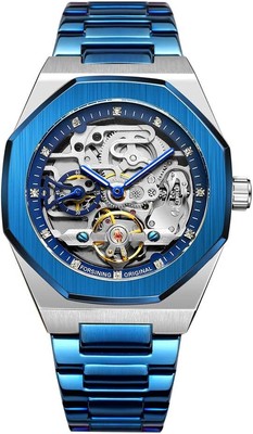 Men's Analogue Stainless Steel Mechanical Skeleton Watch 41mm Blue ÖZEN SAAT