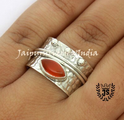 Solid 925 Sterling Silver Natural Carnelian 5x10mmMarquise Gemstone Spinner Ring