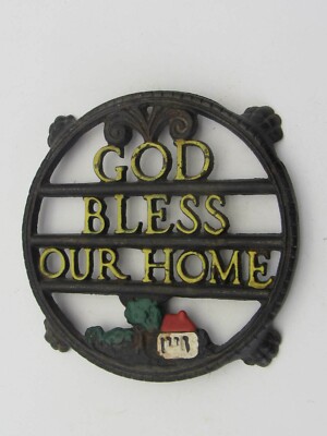 Vintage Cross 4 Legged Round 4.5'' Diameter Metal Trivet ''God Bless Our House'' T3