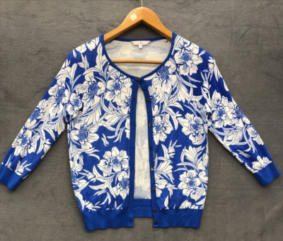 Jasper Conran Womens Cardigan Size 14 Blue Floral 3/4 Sleeves Button Up