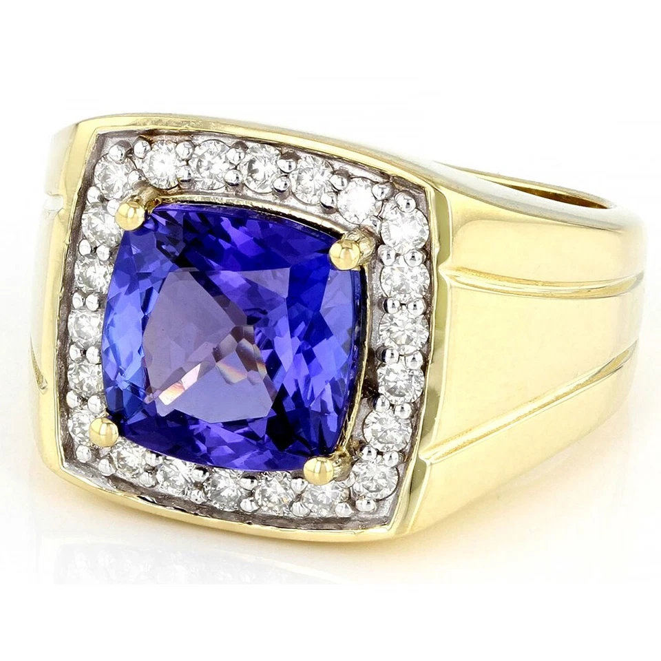 4.46 Ctw Cushion Cut Tanzanite 14K Yellow Gold Plated Halo Band Ring For Men's - Image 2 of 4