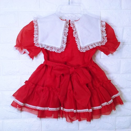 Vintage 80s Kandy Ann Fancy Dress Girl(4T) Puff SSL Lace Collar Ruffles Bows Red - Picture 8 of 12